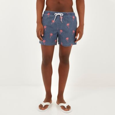 Purple palm tree print drawstring swim shorts